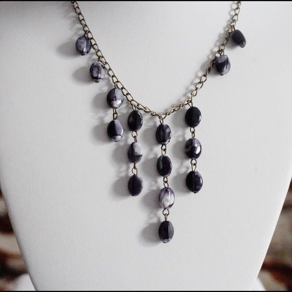 Beaded Bib Statement Necklace Antiqued Gold Tone Chain - Picture 2 of 5